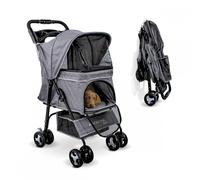 Mobiclinic® pets, Carrito para perros plegable, Ideal pequeños y senior, Zuma, Hasta 15 kg, Ruedas con frenos 360º, Cesta xxl, 3 ventanas cremallera mosquitera, Portavasos, Gris