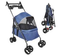 Carrito plegable para mascotas, carrito plegable para perro, gato, portavasos, cesta de almacenamiento incluida, 50 x 70 x 95 cm, no desmontable, azul
