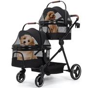 Carrito plegable para perros y perros para 2 animales de hasta 15 kg por nivel, doble piso, correa de seguridad, ventana de red y espacio de almacenamiento, ideal para viajes y paseos