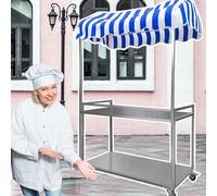Carrito portátil de postres de dulces con ruedas, soporte de comida para vender galletas y flores, carrito de comida callejera de metal galvanizado (azul 120 cm de ancho)