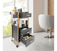 Carro de aseo con ruedas, 3 cajones y soporte para el secador, carrito auxiliar, carrito de peluquería con armario, moderno carrito de trabajo para baño, salón (negro)