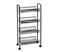 Carro de cocina multiusos de metal negro con 4 cestas y 4 ganchos de plástico. Tiene 4 ruedas con freno. Soporta 20 kg. Medidas: 45x27x84 cm. Requiere montaje.