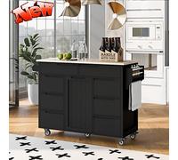 Carro de cocina rodante de madera gruesa con almacenamiento sobre ruedas, isla de cocina móvil multifuncional con 8 cajones y armario de puerta, estante ajustable (negro)