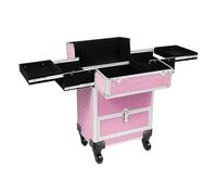 Carro de cosméticos rosa 34 × 25 × 47 cm, 7 compartimentos + 1 cajón, con ruedas y asa telescópica, soporta 20 kg - perfecto para maquilladores y entusiastas de la belleza
