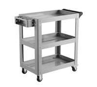 Carro de herramientas rodante de 3 niveles con ganchos, capacidad de 400 kg, carrito de servicio con cerradura para garaje, hogar, hotel, reparación y taller, carrito utilitario plateado
