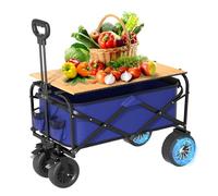Carro De JardíN Plegable EléCtrico De 35 Pulgadas, 136 Kg, Resistente, Todoterreno, Carretilla Electrica con Tablero De Madera ExtraíBle, Doble Motor, para Camping, Playa Y Compras (Azul)