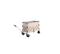 Carro de jardín plegable versátil, equipado con grandes ruedas todoterreno adecuadas para superficies arenosas. Color beige.