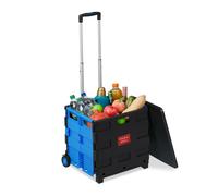 Relaxdays Carro de la Compra Plegable, para hasta 35 kg, Caja de 50 litros, Asa Telescópica, Carrito de Transporte, 2 Ruedas, Azul y Negro