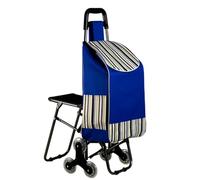 Carro de la compra con asiento, carrito de compras de 3 ruedas para subir escaleras, carrito de compras plegable resistente con reposapiés azul