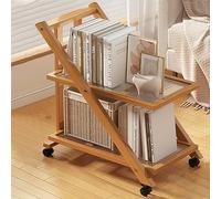 Carro de libros, mesa auxiliar de madera con diseño de bloques de color sólido de bambú con ruedas universales, mesa auxiliar móvil de varios niveles para sala de estar y cestas de almacenamiento