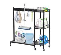 Carro de limpieza con soporte para escoba, carrito de limpieza móvil con 6 ruedas, soporte para mango de escoba con doble gancho y estante de 3 niveles, soporte para herramientas de jardín (L 86 ×