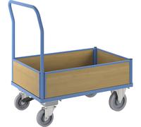 Carro de plataforma con paredes de madera eurokraft pro, con 4 paredes de media altura, freno centralizado