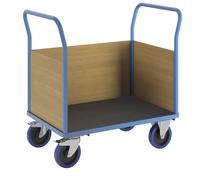 Carro de plataforma con paredes de madera eurokraft pro, ruedas totalmente elásticas, 3 paredes altas