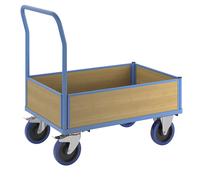 Carro de plataforma con paredes de madera eurokraft pro, ruedas totalmente elásticas, 3 paredes de media altura
