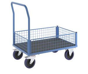 Carro de plataforma con paredes de rejilla eurokraft pro, ruedas totalmente elásticas, 4 rejillas de media altura