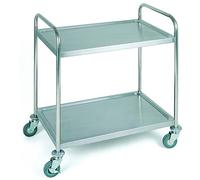 Carro de servicio APS, acero inoxidable Carro de transporte, carro de servicio con dos estantes, ancho x fondo x alto: 91 x 59 x 93 cm, distancia entre estantes aprox. 56 cm, 4 ruedas giratorias, 2 con topes, carro con carga máxima de 80 kg