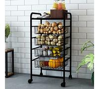 Carro de Servicio de 5 Niveles Carrito de Cocina con 4 Cestas 1 Estante de Rejilla Estantería Rodante Multiuso Metal 87 x 41 x 32 cm Negro