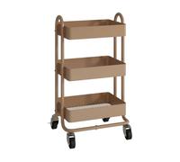 [en.casa] Carro de Servicio con 3 Cestas Estantería de Baño con 4 Ruedas Carrito de Cocina Multiusos Versátil Resistente Acero 79 x 46 x 35 cm - Marrón Claro