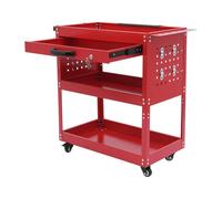 Carro de taller de 3 pisos, con ruedas, de metal, con cajón y ruedas de freno, con caja de almacenamiento y llaves, para mantenimiento de coches, almacenes, garajes (rojo)