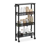 Relaxdays Carro para nichos, 77 x 13 x 45,5 cm, estantería Estrecha para baño y Cocina, 4 Niveles, con Ruedas, Negra, 75% Hierro, 77 x 13 x 45.5 cm