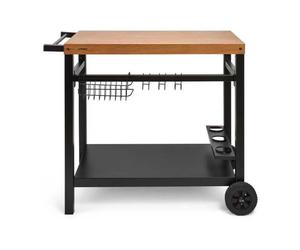 Carro Para Plancha Livoo Gs131 Negro Y Madera Con Mesa 85 X 50 Cm, Estructura Metálica, Portabotellas, Ganchos Y 2 Ruedas Para 2, 3 O 4 Quemadores