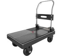 Carro plano de acero resistente con cubierta larga y ruedas con freno para un transporte seguro en almacén y garaje