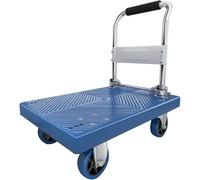 Carro plano de acero resistente con cubierta larga y ruedas frenadas para un transporte seguro de almacén y garaje