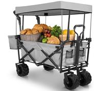 Carro Playa Plegable Camping 262L, Carrito de Mano para Jardín Ruedas Grandes con Capota Desmontable, Carrito Transporte hasta 113 kg, Cesta de Almacenamiento extraíble y Manejar Telescópica, Gris