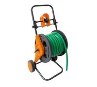 Carro portamangueras Relaxdays, 60 m, conector clic, guía de manguera, 2 ruedas, plástico y acero, gris/naranja