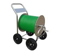 Carro portamangueras Relaxdays, hasta 200 m, Carrete móvil, enrollador de Manguera, Acero Inoxidable, Plateado