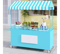 Carro Portátil de 4 Ruedas con Dosel a Rayas,Soporte Móvil for Exhibición de Alimentos con Ruedas,Carro de Hierro for Vendedores al Aire Libre for Mercado Comida Callejera(Blauw,200cm/78.7in)