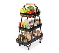 Carro Relaxdays, 3 Niveles, Metal, asa de Madera, 84,5 x 57 x 31 cm, 4 Ruedas, Cocina, baño, Carrito, Negro