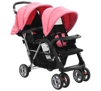 Carro tándem de acero rosa negro 2 capotas para 2 | Estructura de acero resistente, 2 capotas con protección UV, cesta grande, ruedas con bloqueo, soporta hasta 15 kg por niño