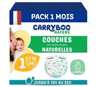 Carryboo - Pañales de bebé ecológicos - 2-5 kg - Cuidado del bebé natural, hipoalergénico, sin perfume y antifugas, fabricado en Francia - 120 pañales desechables - 1 mes