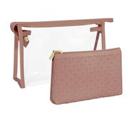 CarryEpic Juego de 2 bolsas de maquillaje, bolsa de aseo de PVC transparente con cremallera y bolsa de cosméticos de piel sintética, organizador de maquillaje de viaje para mujer, bolsa de cuero