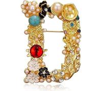 Carta Broche A-Z con cristal, perla de cristal broche inicial esmalte chapado en oro colorado letra alfabeto alfil de pecho joyería para regalos (D)