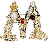 Carta Broche A-Z con cristal, perla de cristal broche inicial esmalte chapado en oro colorado letra alfabeto alfil de pecho joyería para regalos (M)