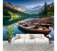 Carta Da Parati Murale H D 250x175 cm Barca Di Legno Del Lago Carta da Parati Fotografica decorare Casa Rimovibile Verde Per Bagno Cucina Sala Pranzo Gabinetto Casa Degli Ospiti