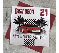 Cartas de algodón blanco LLR21-GS "Grandson 21 Have A Super Birthday" hechas a mano 21 cumpleaños tarjeta