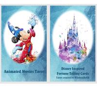 Cartas de tarot de películas animadas. Imágenes de cuento de hadas con salpicaduras de acuarela. Cartas de tarot de personajes de cuento de hadas.