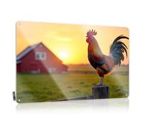 Cartel antiguo de gallo con texto en inglés "Crowing At Sunset On The Farm Beauty Road" para colgar | Póster antiguo reutilizable de metal vintage para decoración de pared (20 x 30 cm)