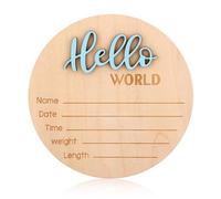 Cartel Anuncio Bebe, 15cm Madera Hello World Letrero Bienvenida Bebe Nacimiento Nombre Placas para Niños y Niñas Baby Shower Accesorio Fotográfico o Hospital Guardería Decoración (Azul)