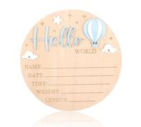 Cartel Anuncio Recién Nacido, Letrero Redondo Madera 15cm Hello World Bebé Nombre Nacimiento Globos Aerostáticos 3D Nubes Estrellas Decoración para Hogar Hospital Guardería y Accesorios Fotos