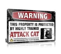 Cartel de advertencia de gato con diseño de gato de Beware of Attack, decoración de pared de cine, pinturas de hierro, pinturas metálicas, barra de club, placa de metal para hombres y mujeres, 8 x 12