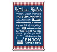 Cartel de aluminio con texto en inglés "Kitchen Rules Kitchen Home Rules Family Food Clean Cook" de 8 x 12 pulgadas