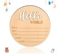 Cartel de Anuncio de Bebé, 15cm Madera Cartel de Recién Nacido de Hello World Tarjetas de Bebe Placas de Anuncio de Nombre de Bebé para Accesorios de Fotos Baby Shower Hospital Guardería