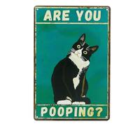 Cartel de Baño Divertido,Cartel de Chapa Gato Retro,Cartel Decorativo Motivo de Gato Negro y Palabras en Inglés ARE YOU POOPING Letrero de WC Divertido para Casa Bar Restaurante Cafetería 30x20 cm