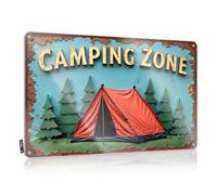 Cartel de bar vintage con tienda de campaña roja y árboles verdes, letrero divertido de lata para cocina (20 x 30 cm)