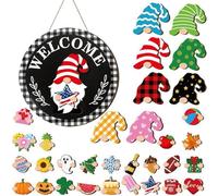 Cartel de bienvenida intercambiable con madera - Decoraciones de madera intercambiables, decoración navideña con piezas magnéticas y sombreros desmontables, para Navidad, Halloween, puerta de entrada