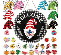 Cartel De Bienvenida Intercambiable De De Madera - Letrero Festivo Intercambiable De Madera | Decoracion Pared Con Piezas Magneticas Y Sombreros Extraibles - Para Navidad Halloween Y Jardín Exterior